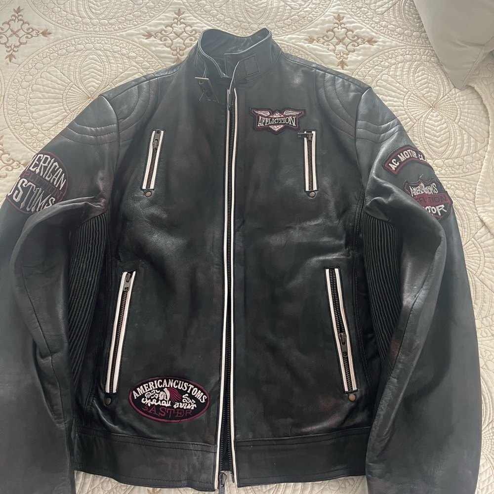 Affliction Black Leather Jacket with Red & Cream Embroidered Headdress - Picture 5 of 5